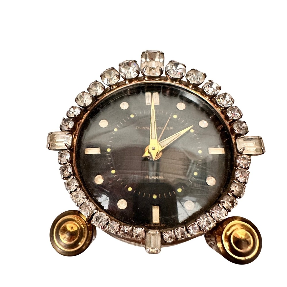 Vintage Phinney-Walker Jeweled Alarm Clock Germany Black Dial Crystal Bezel ASIS